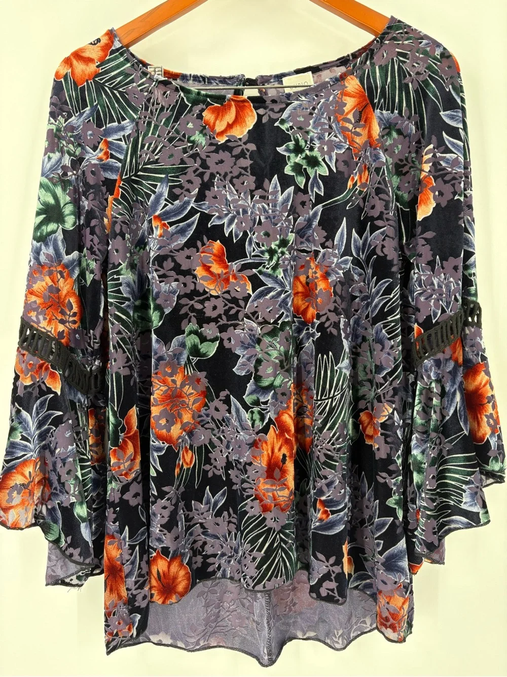 Whimsigoth Dark Fairy Floral Ruffle Bell-Sleeve Black Semi Sheer Shirt Top Large